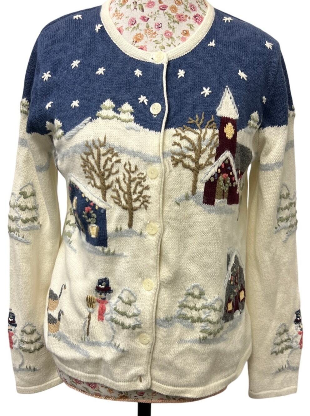 ❄️ Christopher & Banks S Hand Embroidered Cardigan – Winter Snow Scene Sweater